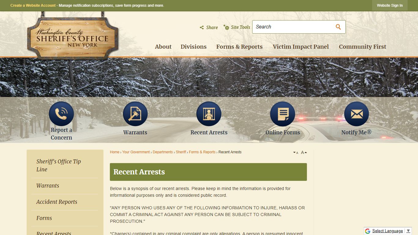 Recent Arrests | Washington County, NY - Official Website